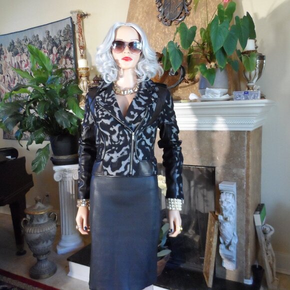 Diane Von Furstenberg Black Leather Skirt /Wool/Leather Moto Jacket Set Size 2/4 - Picture 1 of 16